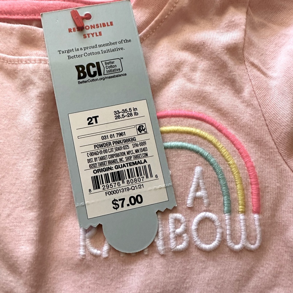 NWT light pink peplum top with embroidered rainbow on chest 2T never worn